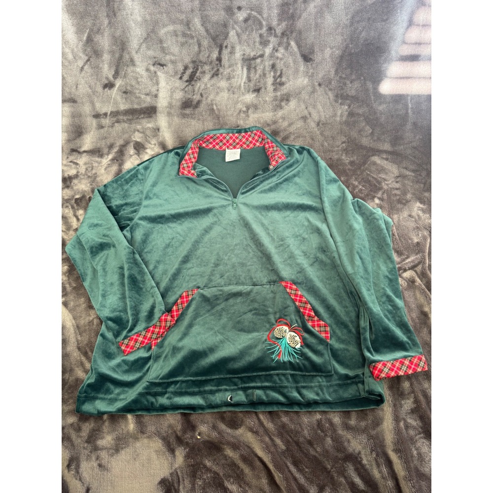 Vintage Sears Roebuck Christmas Velour Pullover 18W 20W Green Plaid Pinecone
